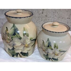2 Pc Home & Garden Party Magnolia Cookie Canister Jar  9"& 7" - VTG 1999-2000